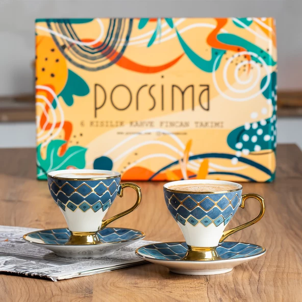 Porsima Marakesh Altın Yaldızlı 6 Kişilik Fincan Seti 12 Parça Türk Kahvesi Takımı Kahve Fincanı - 3