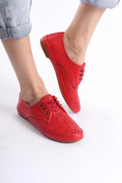 Kadın Hakiki Deri Günlük Ayakkabı Önü Çiçek Desenli Bağcıklı Tam Kalıp Düz Taban Ayakkabı - 2