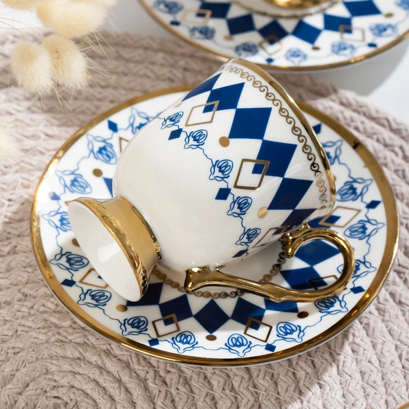 Porsima Neva Altın Yaldızlı 6 Kişilik Fincan Seti 12 Parça Türk Kahvesi Takımı Kahve Fincanı - Resim 2