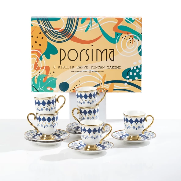 Porsima Neva Altın Yaldızlı 6 Kişilik Fincan Seti 12 Parça Türk Kahvesi Takımı Kahve Fincanı - Resim 5