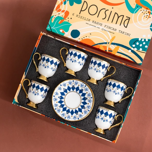 Porsima Neva Altın Yaldızlı 6 Kişilik Fincan Seti 12 Parça Türk Kahvesi Takımı Kahve Fincanı - Resim 4