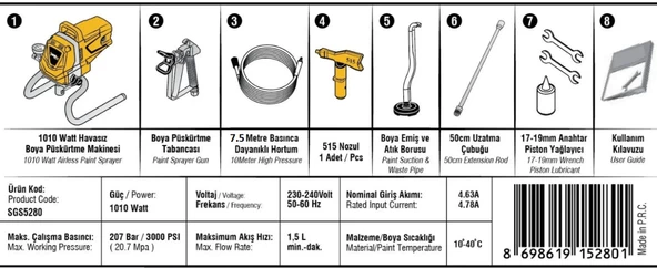 SGS PROFESYONEL HAVASIZ BOYA PÜSKÜRTME MAKİNESİ 1010 WATT 207 BAR - 3