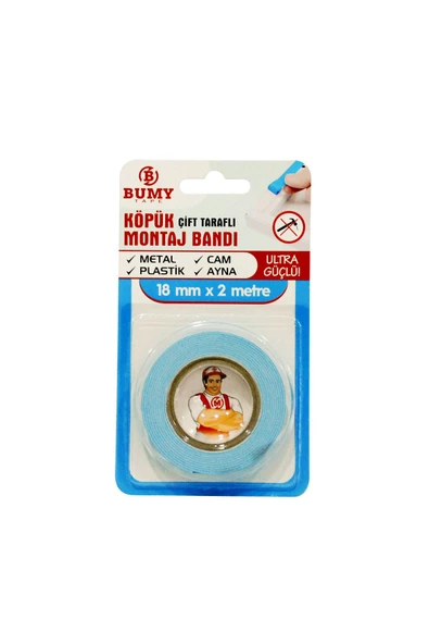 Bumy Çift Taraflı Köpük Montaj Bandı 18 Mm X 2 Mt - İç Ve Dış Mekan Kullanıma Uygun