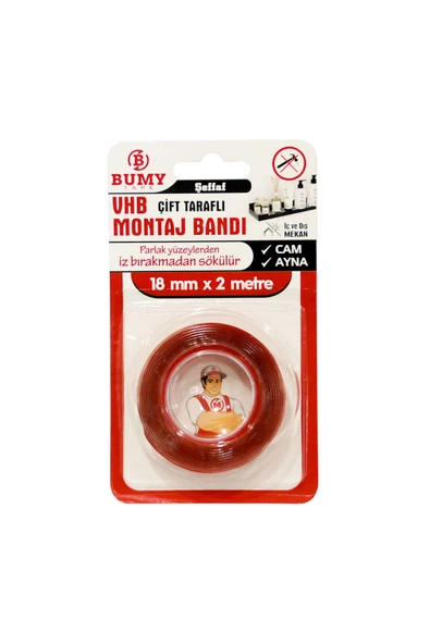 Bumy Çift Taraflı Şeffaf Vhb Montaj Bandı - 18 Mm X 2 Mt - 2