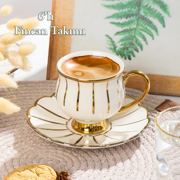 Porsima Zambak Altın Yaldızlı 6 Kişilik Fincan Seti 12 Parça Türk Kahvesi Takımı Kahve Fincanı ürün görseli