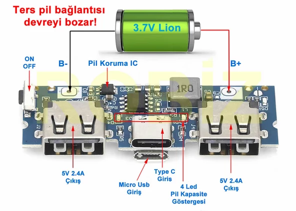 Powerbank Devresi 5V 2.4A Dual Usb Çıkış  Type C Micro Usb Giriş Lityum Lion 3.7V 18650 Pil Şarj Mobil Taşınabilir Güç Kaynağı Batarya Telefon - 3