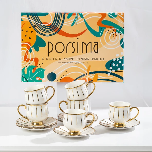 Porsima Zambak Altın Yaldızlı 6 Kişilik Fincan Seti 12 Parça Türk Kahvesi Takımı Kahve Fincanı - Resim 5