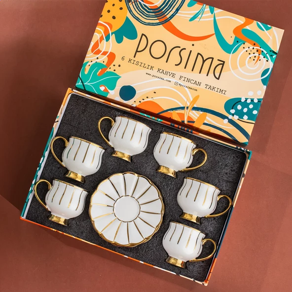 Porsima Zambak Altın Yaldızlı 6 Kişilik Fincan Seti 12 Parça Türk Kahvesi Takımı Kahve Fincanı - Resim 4