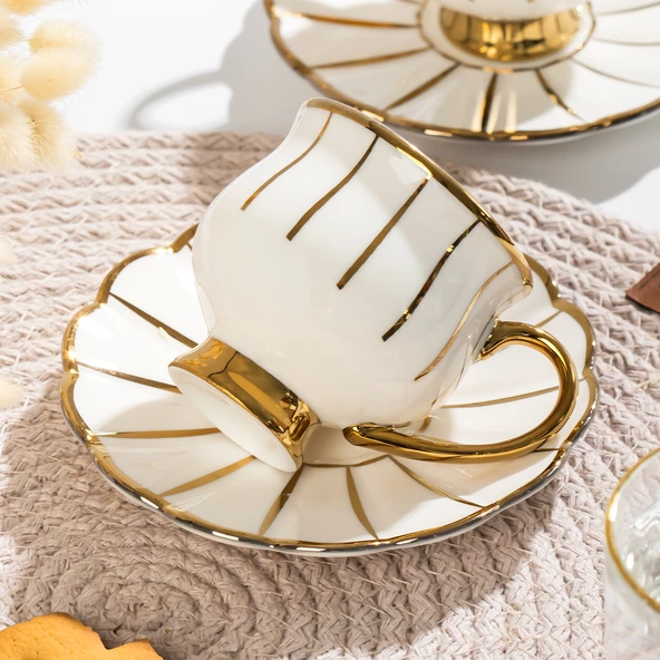 Porsima Zambak Altın Yaldızlı 6 Kişilik Fincan Seti 12 Parça Türk Kahvesi Takımı Kahve Fincanı - Resim 2