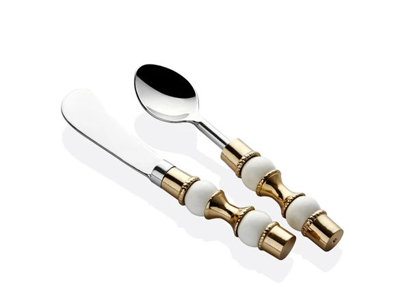 White Balls Beyaz Gold 2li Porselen Saplı Tereyağ Seti Kahvaltılık Tereyağ Reçel Bıçağı 15cm - 2