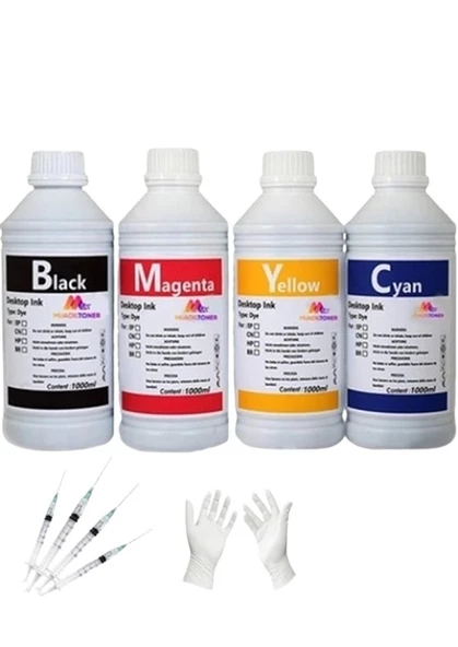 TECPRİNT Epson Uyumlu L382 Cmyk 1 Litre  Muadil Mürekkep Seti+Enjektör+Eldiven
