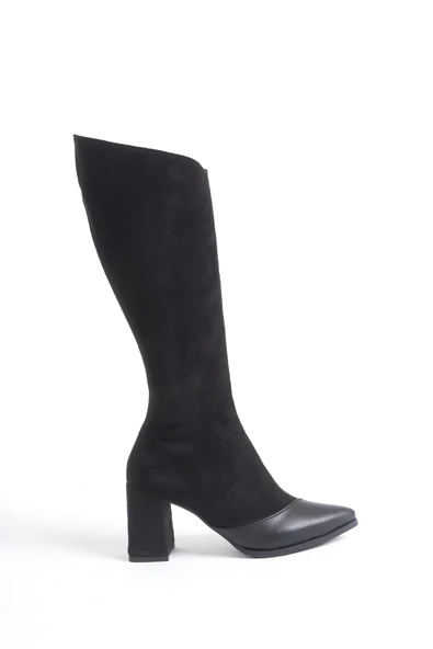 Across Siyah Süet Kalın Topuklu Sivri Burun Çizme - 2