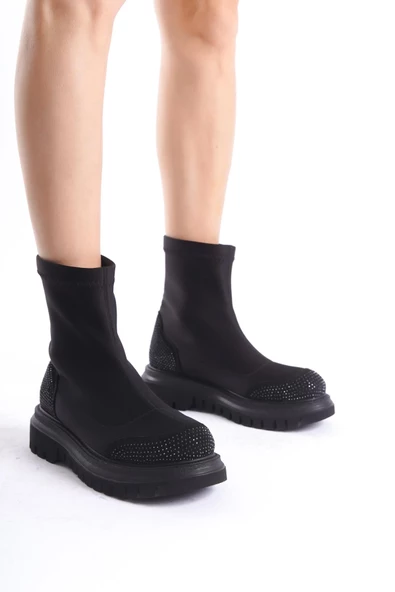 Kobe Siyah Taşlı Streç Dalkıç Kumaş Esnek Günlük Bot - 3