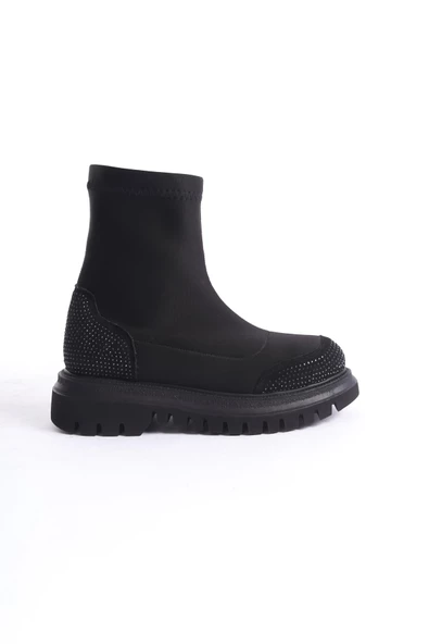 Kobe Siyah Taşlı Streç Dalkıç Kumaş Esnek Günlük Bot - 4