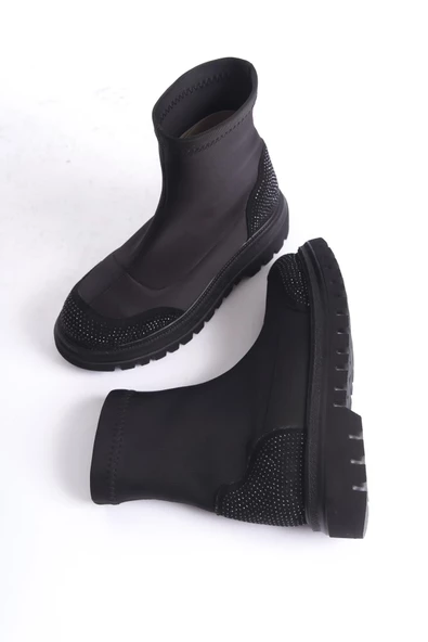 Kobe Siyah Taşlı Streç Dalkıç Kumaş Esnek Günlük Bot - 2