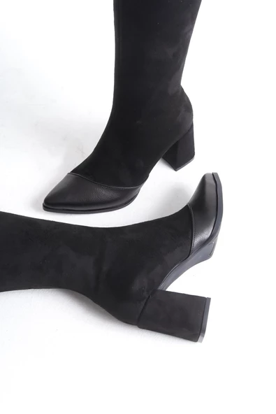 Across Siyah Süet Kalın Topuklu Sivri Burun Çizme - 4