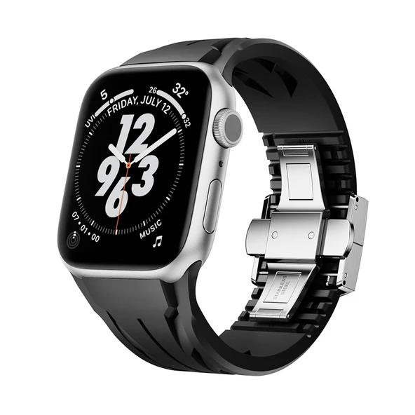 Apple Watch 44mm Uyumlu KRD-127 Metal Tokalı Silikon Kordon