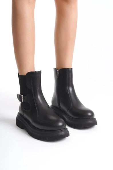 Remba Siyah Kalın Tabanlı Fermurlı Lastikli Tokalı Günlük Rahat Bot - 3