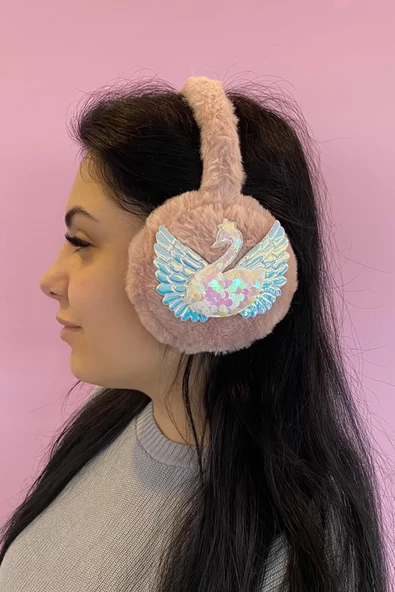 Pudra Renk Kuğu Detaylı Peluş Kulaklık - 2