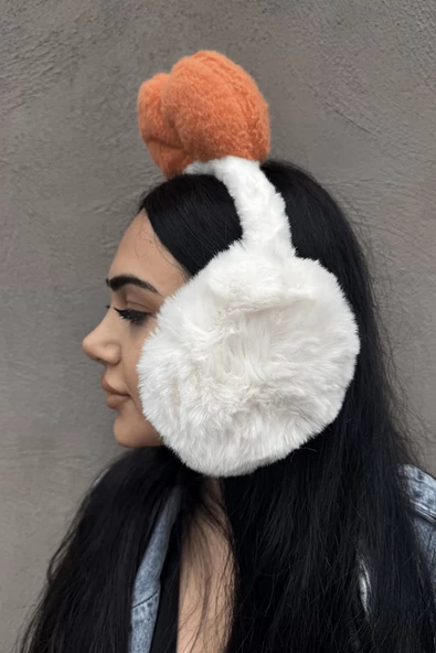 Beyaz Ve Turuncu Renk Kurdele Figürlü Peluş Kulaklık - 2