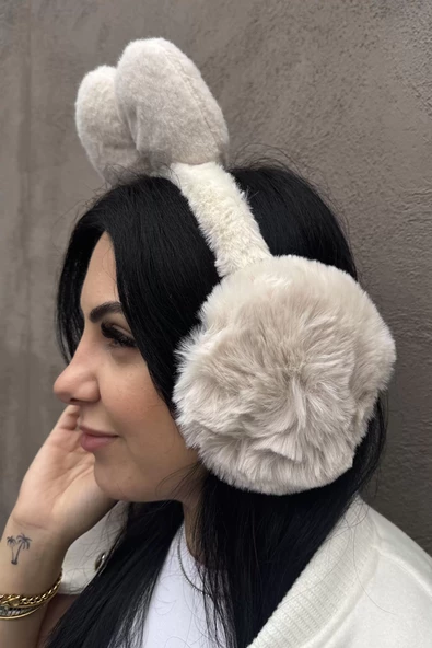 Krem Renk Kurdele Figürlü Peluş Kulaklık - 2