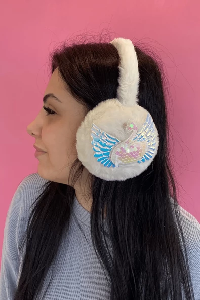 Beyaz Renk Kuğu Detaylı Peluş Kulaklık - 2