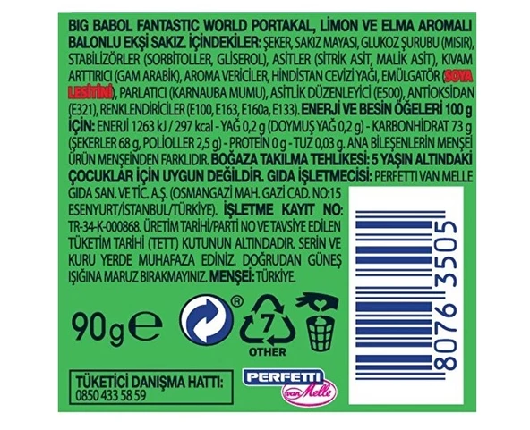 Big Babol Fantastic World Portakal, Limon ve Elma Aromalı Ekşi Sakız 90g - 3