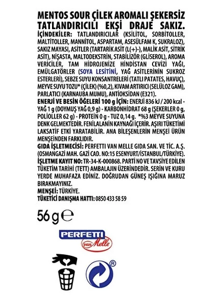 Mentos Sour Çilek Aromalı Şekersiz-Tatlandırıcılı Ekşi Draje Sakız 56g (2 ADET) - 3