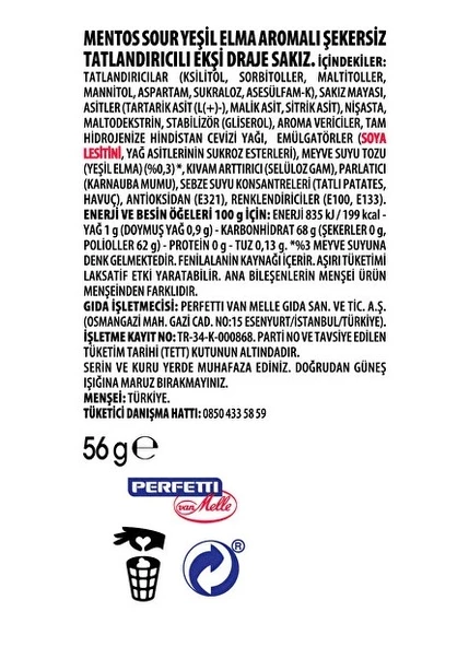Mentos Sour Yeşil Elma Aromalı Şekersiz-Tatlandırıcılı Ekşi Draje Sakız 56g (2 ADET) - 3