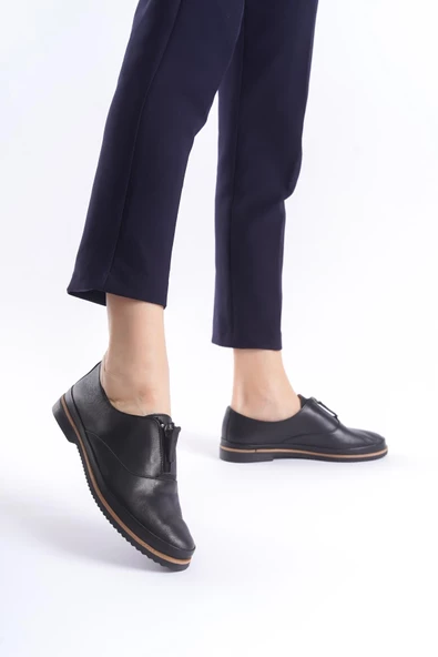 Kadın Hakiki Deri Önü Fermuarlı Günlük Ayakkabı Düz Taban Tam Kalıp Casual Ayakkabı - Resim 6