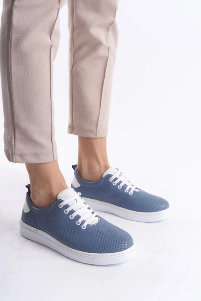 Kadın Hakiki Deri Günlük Rahat Taban Ayakkabı Bağcıklı Çift Renk Düz Taban Ayakkabı - Resim 2