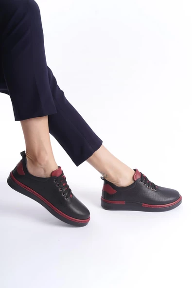 Kadın Hakiki Deri Günlük Rahat Taban Ayakkabı Bağcıklı Çift Renk Düz Taban Ayakkabı - Resim 5