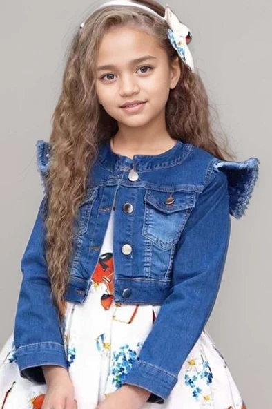 Kız Çocuk Omzu İnci Boncuk Detaylı Denim Ceket ve Desenli Beyaz Elbise - Resim 2