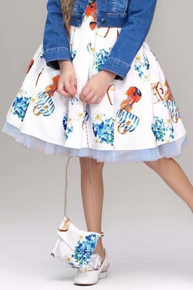 Kız Çocuk Omzu İnci Boncuk Detaylı Denim Ceket ve Desenli Beyaz Elbise - Resim 3