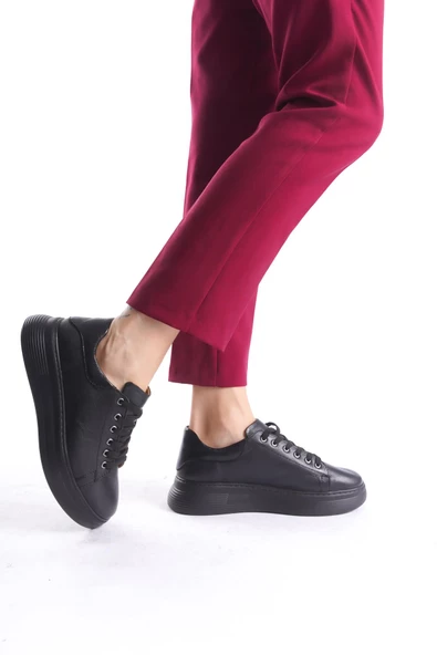 Kadın Hakiki Deri Bağcıklı Sneaker Kalın Taban Tek Renk Günlük Spor Ayakkabı Sneaker