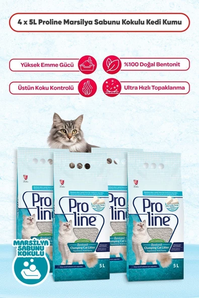 Proline Marsilya Sabunu Kokulu Bentonit Topaklaşan Kedi Kumu 5 lt x 4 Adet