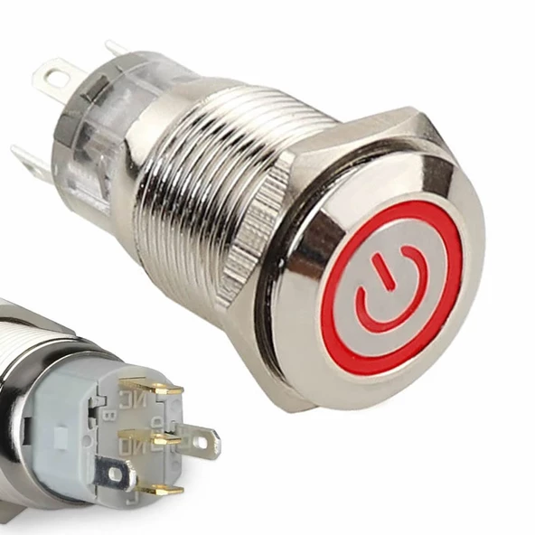 16mm Metal Panel Montaj Düz Kafa Latch Buton NO NC Power Sembol Led Işıklı  DC 6A 12V AC 3A 250V IP67 Su Geçirmez Düğme Başlatma Kontrol Otomasyon Araba Makina Bilgisayar Akıllı Ev - 3