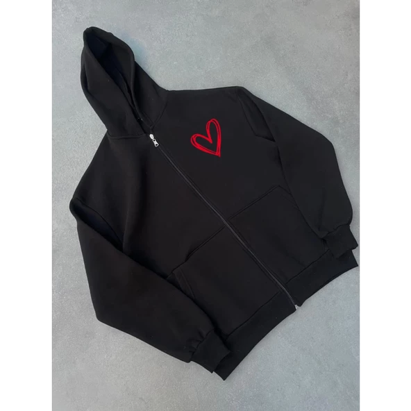 Üç İplik Baskılı Fermuarlı Kapşonlu Hırka - Siyah - 2