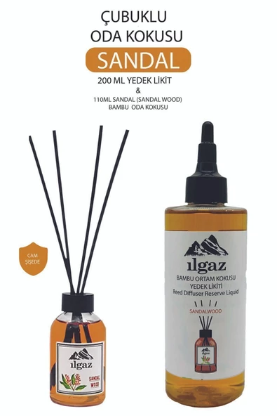 2'li Set Sandal Bambu Yedek Likit Yedek Şişe 200ml Sandal Çubuklu Oda Kokusu Kolay Kullanım 110ml