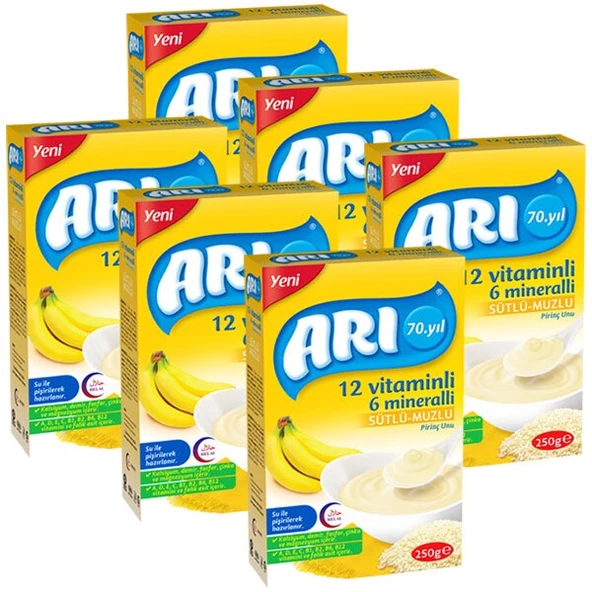 Arı Mama 12 Vitaminli 6 Mineralli Sütlü Muzlu Pirinç Unu 250 gr 6'lı