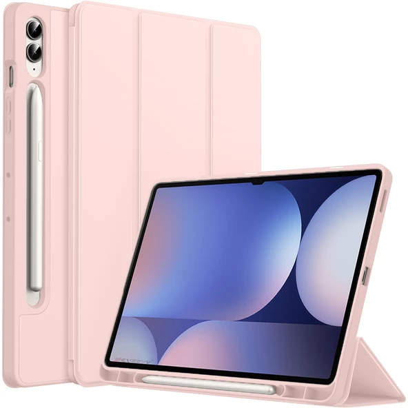 Samsung Galaxy Tab S10 Plus X820 12.4 İnç Kılıf Premium Silikon Kalem Bölmeli Smart Case  Pembe