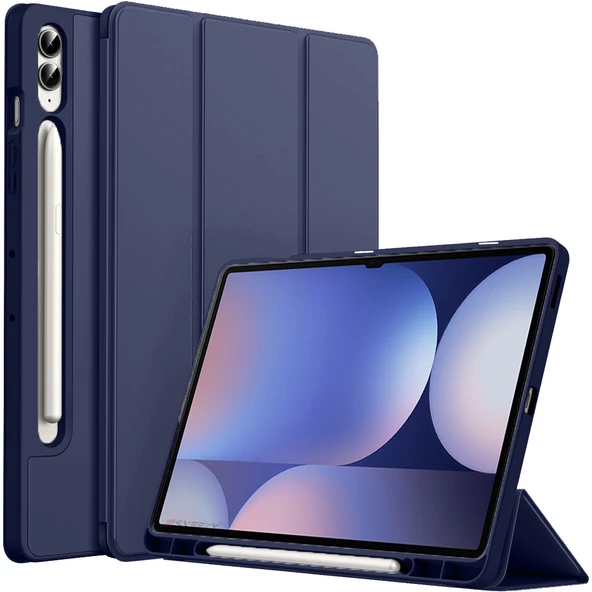 Samsung Galaxy Tab S10 Plus X820 12.4 İnç Kılıf Premium Silikon Kalem Bölmeli Smart Case  Lacivert