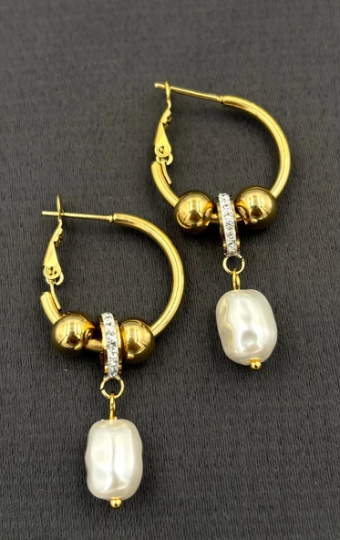 Çelik Gold Renk İncili Taşlı Halka Kadın Küpe