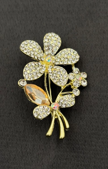 Gold Renk Taşlı Çiçekli Şık Broş