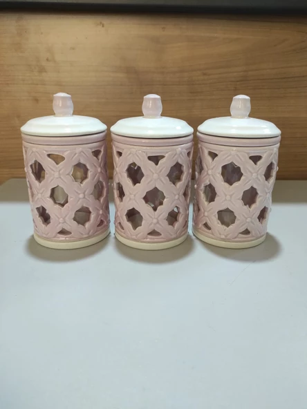 3 Lü Dantelli Porselen Cam Kavanoz Baharat Takımı - 2