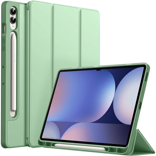 Samsung Galaxy Tab S10 Plus X820 12.4 İnç Kılıf Premium Silikon Kalem Bölmeli Smart Case  Yeşil