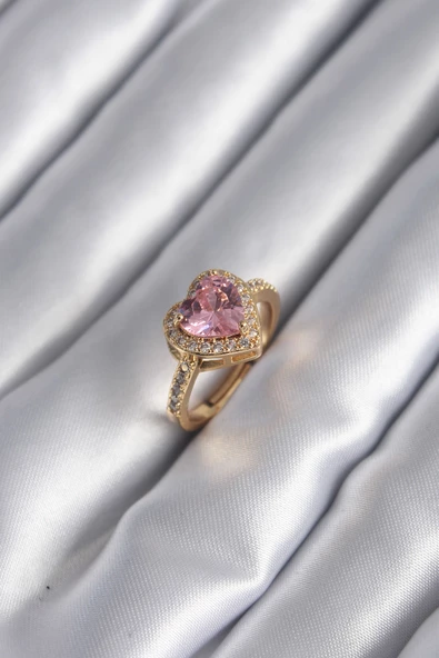 Pirinç Gold Renk Pembe Zirkon Taşlı Charm Kalp Model Kadın Yüzük - TJ-BYK2951