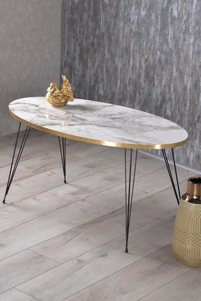 Zigon Sehpa Ve Orta Sehpa Elips Set Siyah Tel Ayak Altın Efes - Resim 2