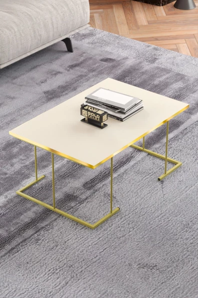 ORTA SEHPA VE ZİGON SEHPA SOLO SET GOLD KREM - Resim 4