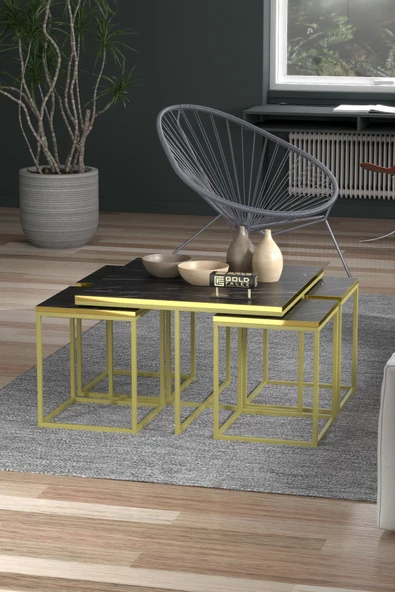 Orta Sehpa Ve Zigon Sehpa 5'li Lüx Set Altın Bendir - Resim 6